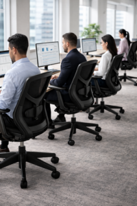 Equipo de trabajo en oficina corporativa utilizando sillas ergonómicas profesionales