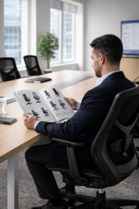 Directivo revisando catálogo de mobiliario ergonómico en sala de juntas