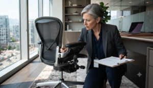 Inspección de una silla ergonómica antes de reemplazarla